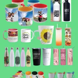 An assortment of mugs and cups with various designs, including printed bottles, highlighting creativity and craftsmanship