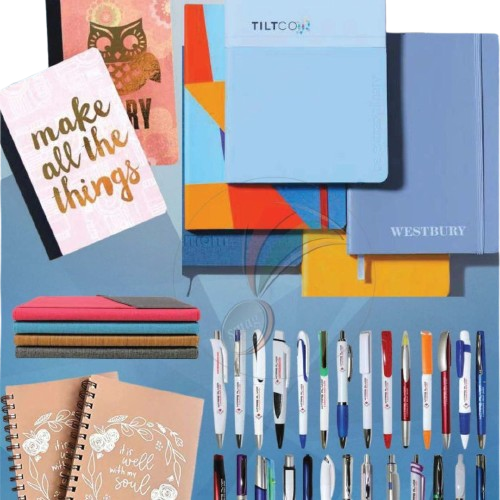 An assortment of notebooks alongside printing pens, highlighting their diverse styles and vibrant colors.