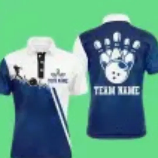 Design of a bowling team polo shirt featuring vibrant sublimation printing techniques.