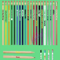  A collection of colorful pencils featuring various logos and company names printed on them