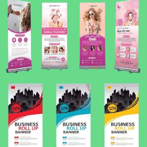  A display of colorful roll-up banners, highlighting our expertise in printing high-quality promotional materials.</p>
<p>