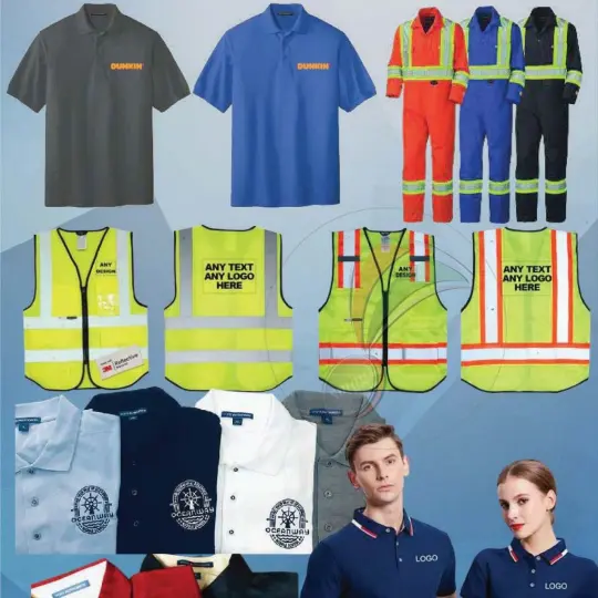 An assortment of safety apparel, featuring reflective vests, hard hats, and protective gloves, showcasing workplace safety gear.</p>
<p>