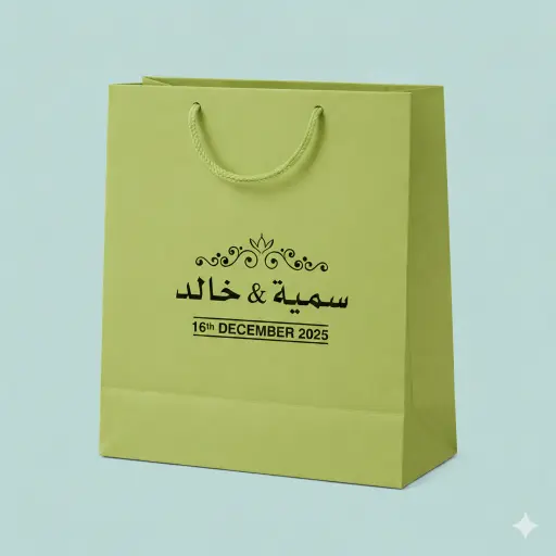 Customizable wedding bags in navy color. The bags feature personalized names and wedding dates printed in metallic foil, shown arranged on a wooden table with floral accents.